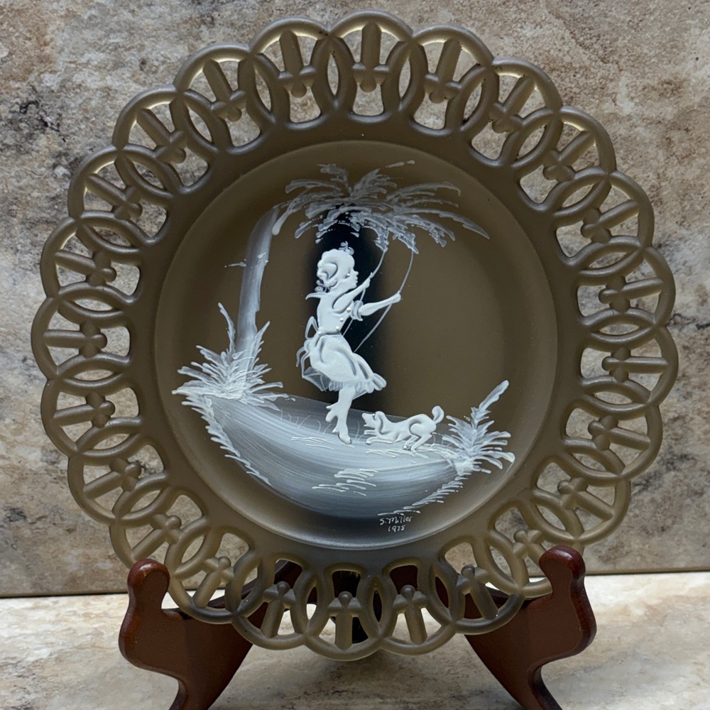 Westmoreland Brown Plate Girl on Swing Handpainted in the Mary Gregory Style 9”